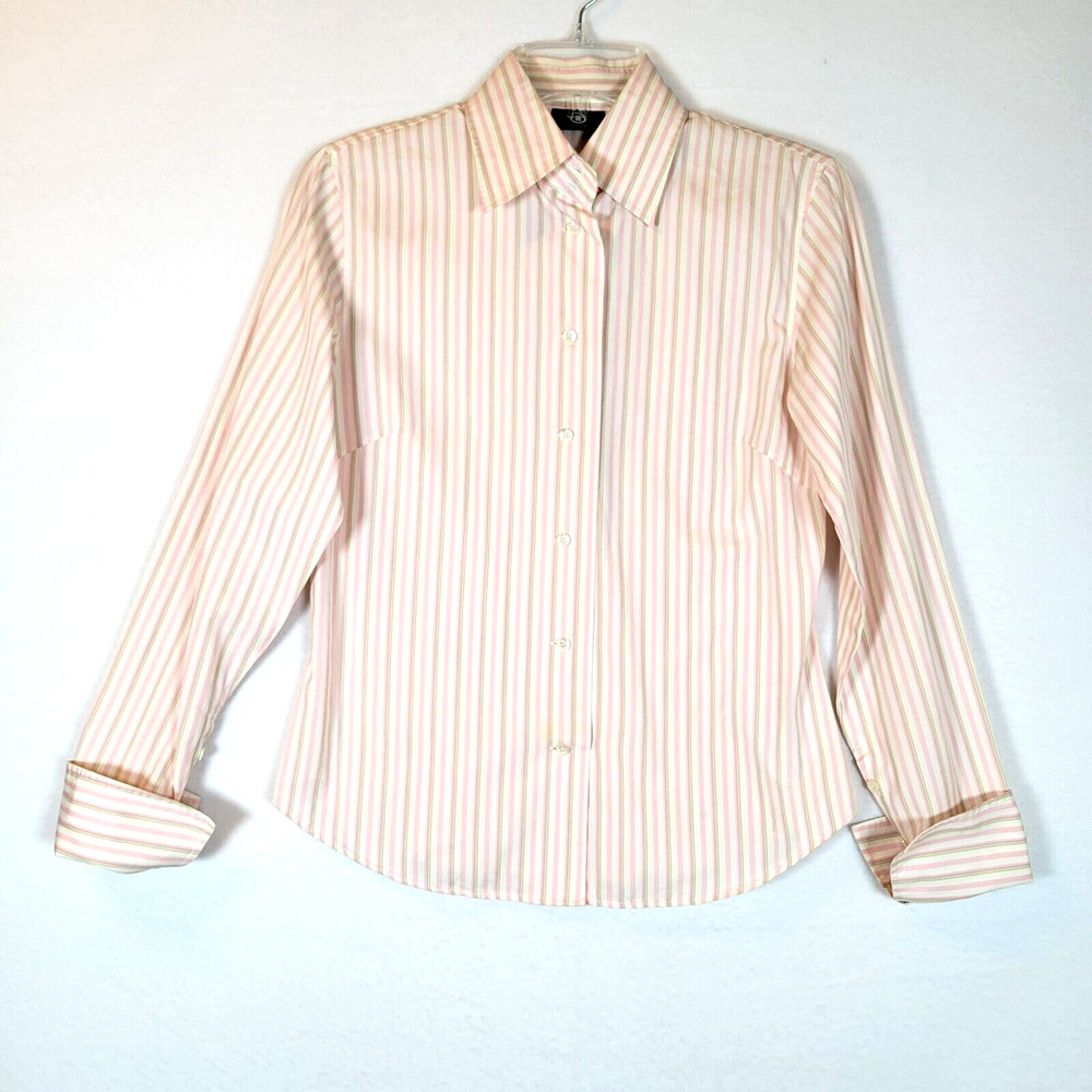 Bogner Womens Striped Cotton Button Shirt Size 6 Pink Workwear Preppy Career